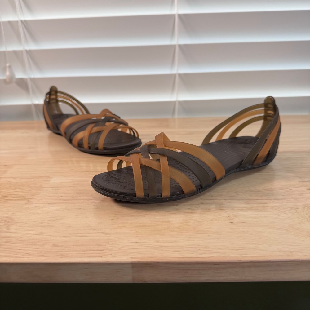 Crocs Huarache Flat Sandals Women's Bronze Espresso Crisscross Slip On Shoes - 7